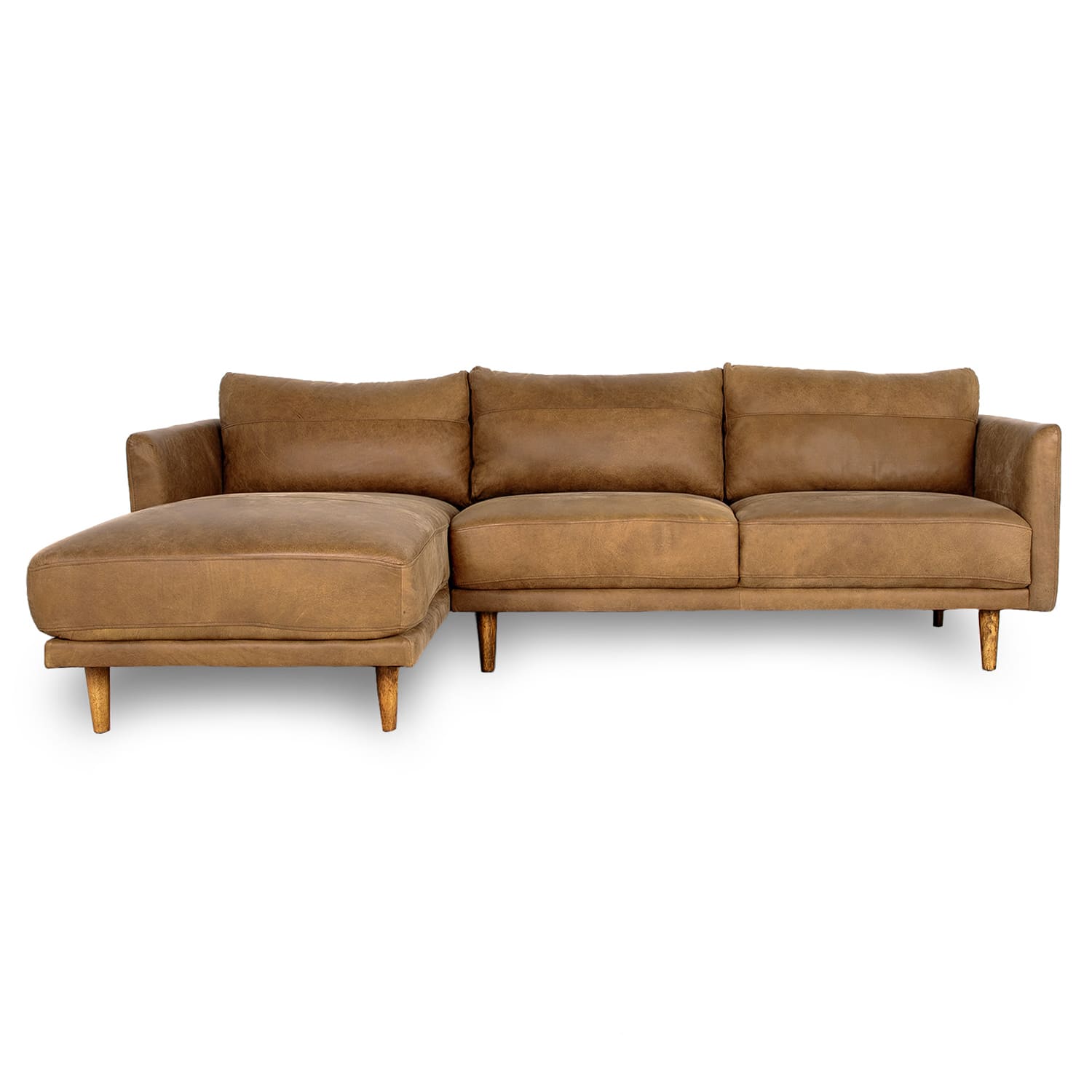 A brown Jordie leather left side facing chaise lounge sofa with a modern Scandinavian design, featuring a sustainably sourced plantation plywood frame and oak finish legs.