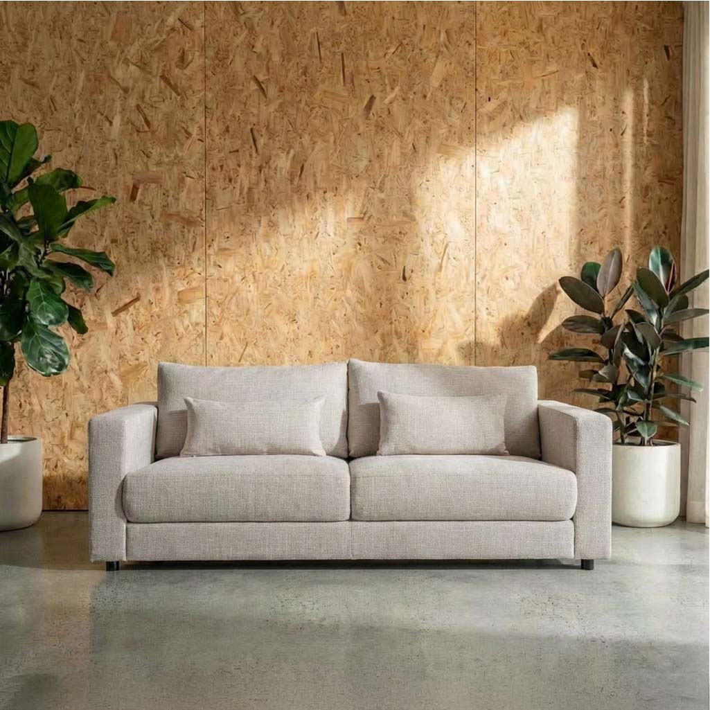 Secret Sofa Alex Fabric 3 Seat Sofa in Hastings Sand with black metal legs, durable metal zig-zag spring seat support, stylish design, and easy-to-clean upholstery.