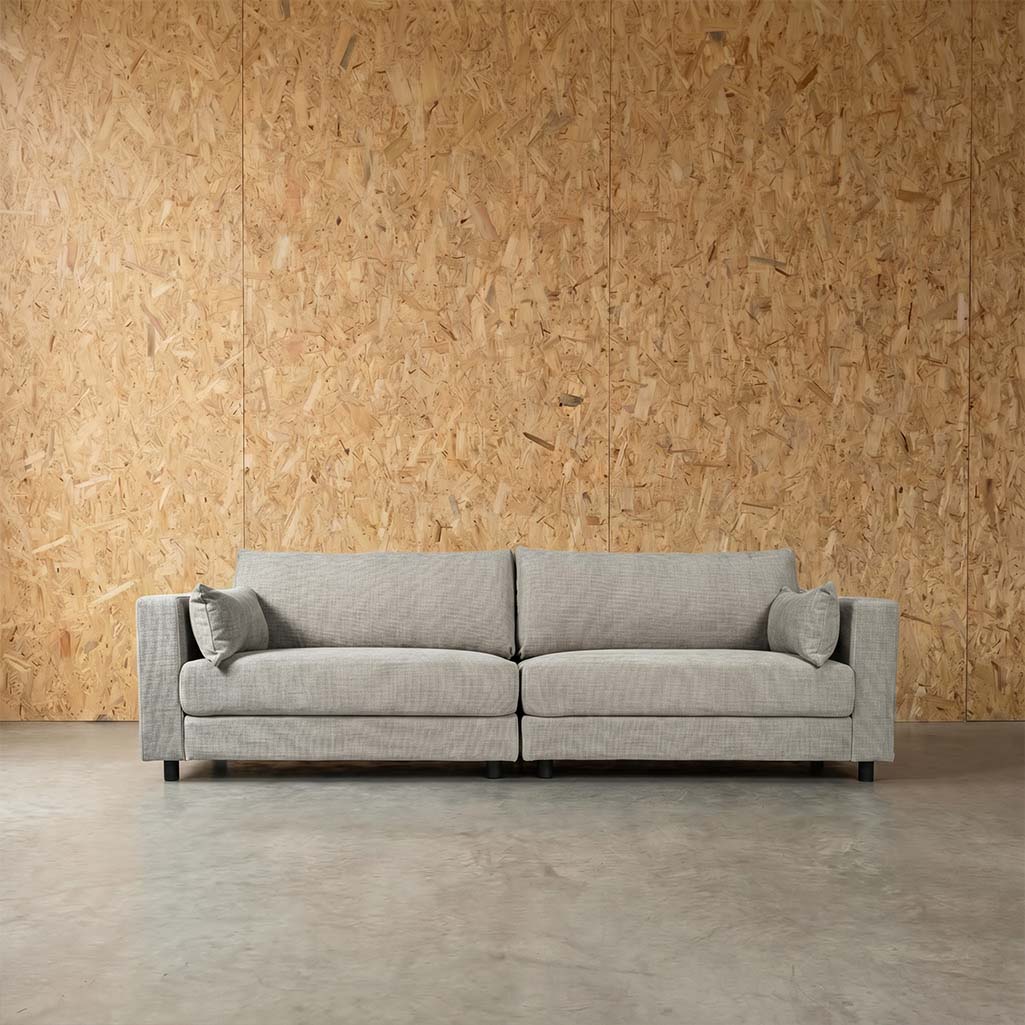 Secret Sofa Alex Fabric 4 Seat Sofa in Hastings Sand with metal legs and removable back cushions.