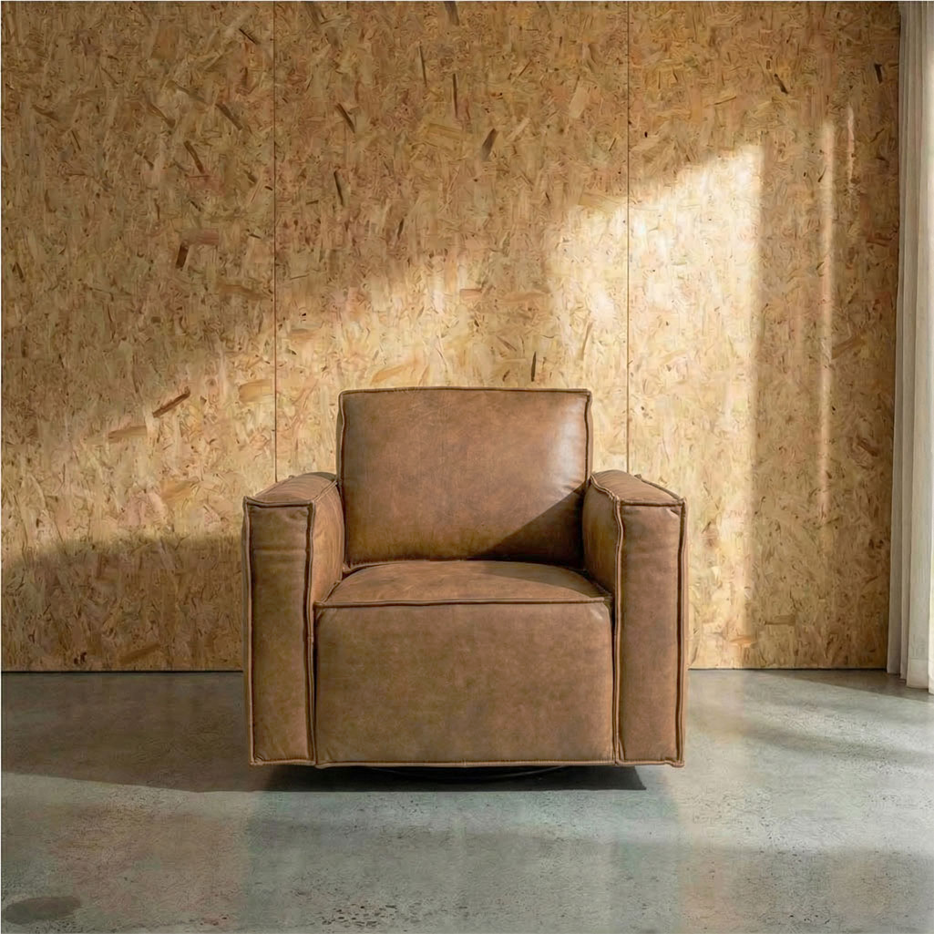 Archie Swivel Chair in brown leather with black metal base, exclusive to Secret Sofa