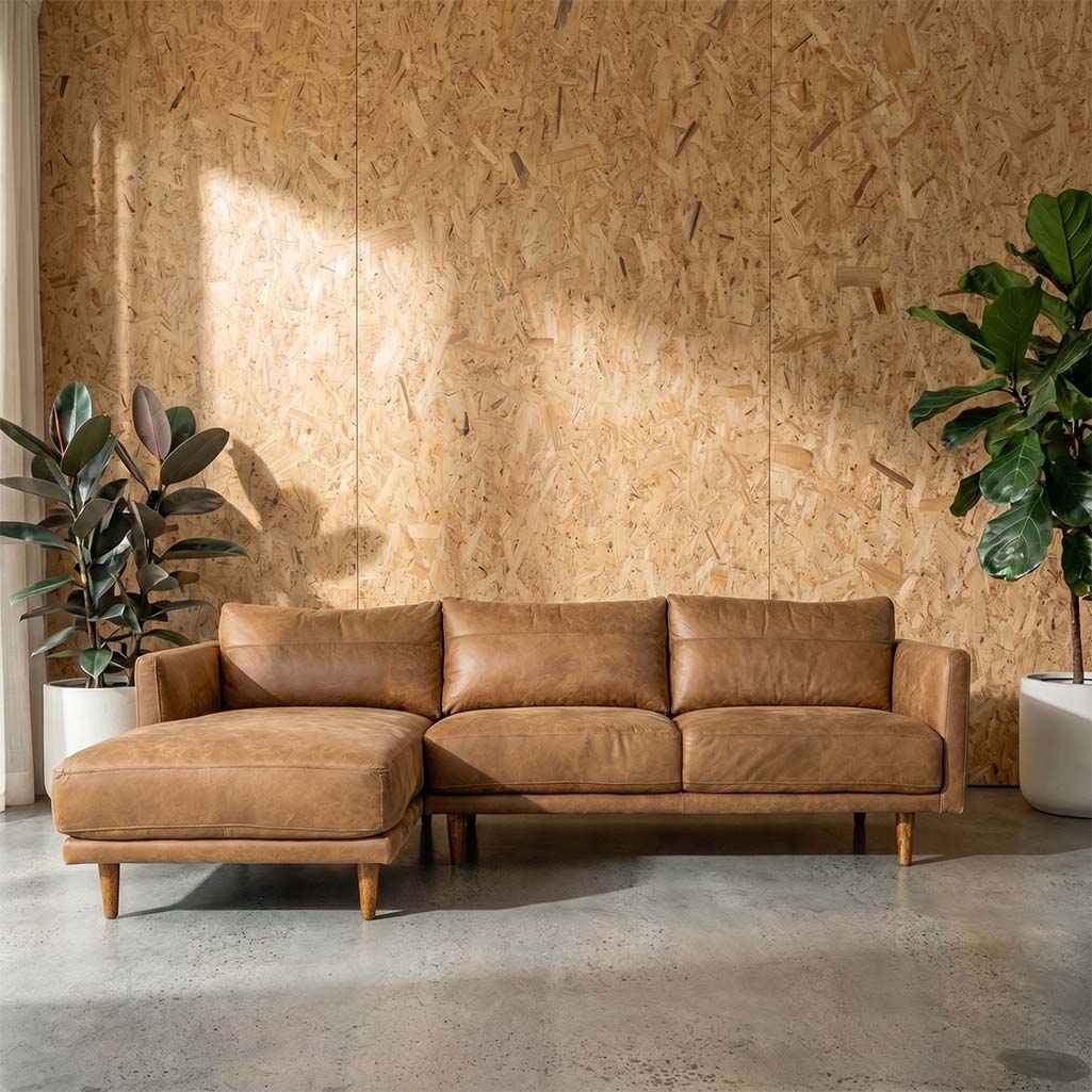 A brown Jordie leather left side facing chaise lounge sofa with a modern Scandinavian design, featuring a sustainably sourced plantation plywood frame and oak finish legs.